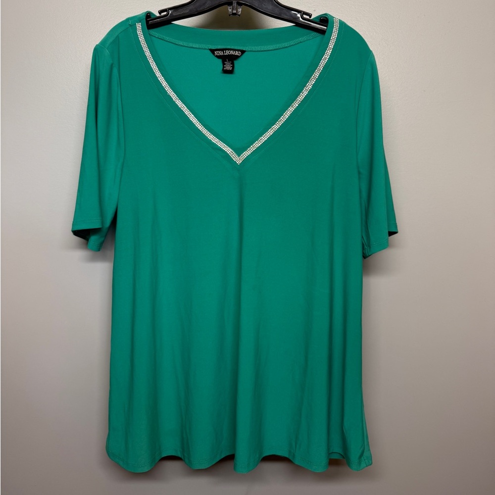 Nina Leonard Teal V-Neck Short Sleeve Top